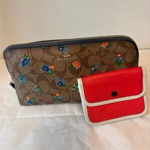 Coach Brown Floral lg cosmetic zip Pouch with two tone legacy card case